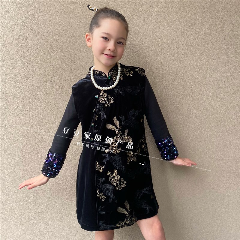 亲子款女童丝绒马甲旗袍外套儿童盘扣马夹立领旗袍高级感复古刺绣