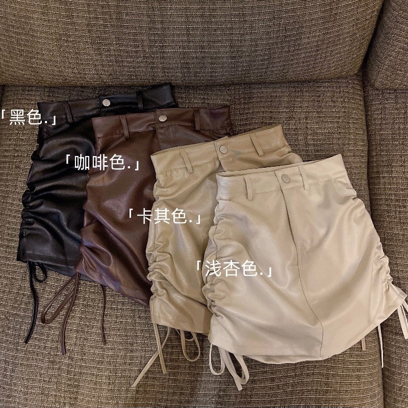 女童2023春装新款抽绳pu皮半身裙松紧高腰抽绳褶皱包臀短裙绑带裙