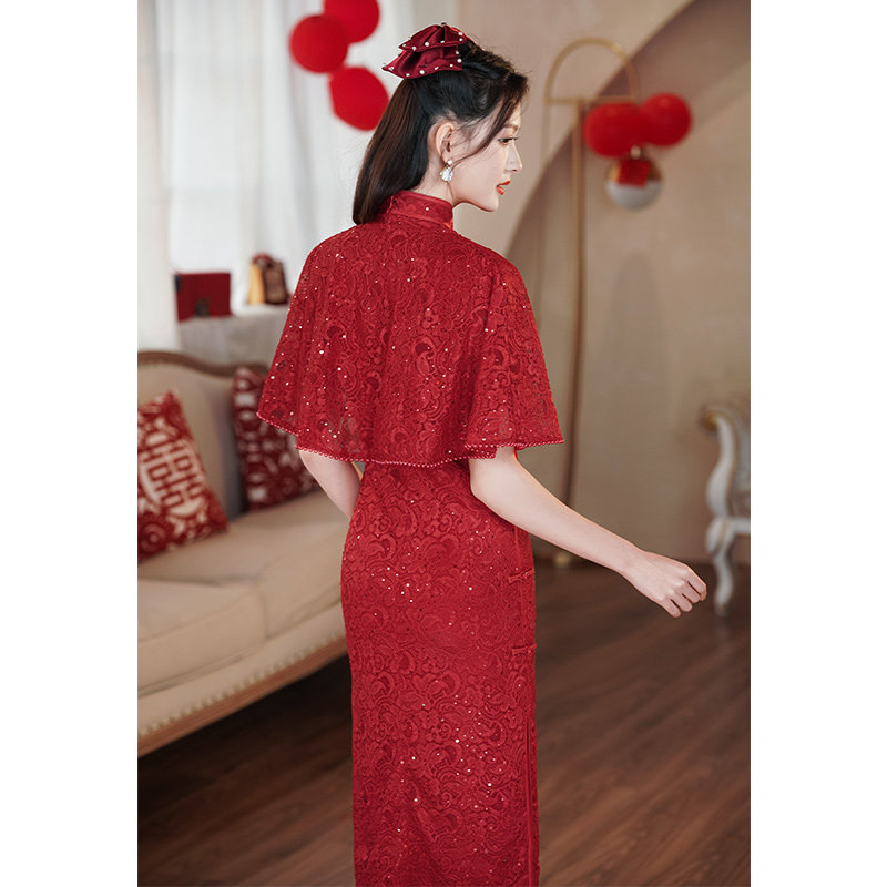新中式旗袍新娘订婚礼服2024新款秋冬改良披肩套装敬酒服绝美红色