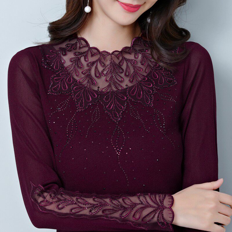 半高领蕾丝打底衫女秋冬内搭加绒加厚洋气妈妈大码遮肚子保暖上衣