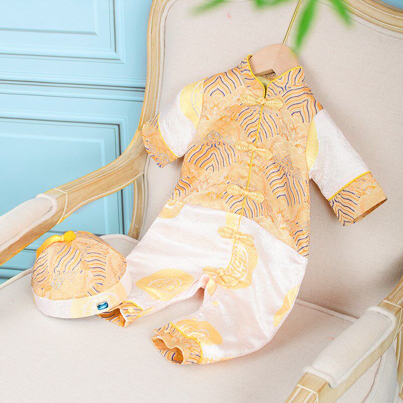 宝宝百日宴礼服爬爬服春秋男女婴儿满月周岁中式连体服抓周唐装