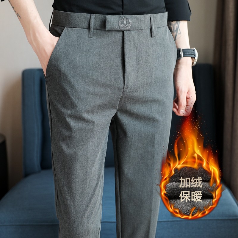 男裤子冬季冬款加绒保暖修身小脚九分加厚西裤商务长裤男士休闲裤