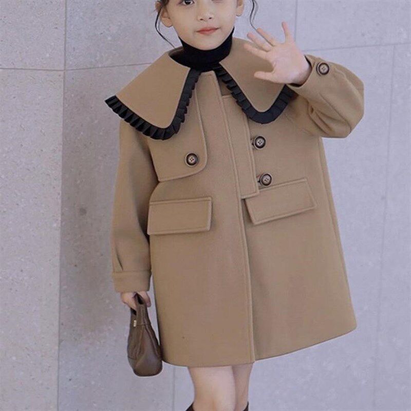 女童大衣时尚2024春秋冬新款儿童洋气翻领呢子外套女孩羊毛上衣