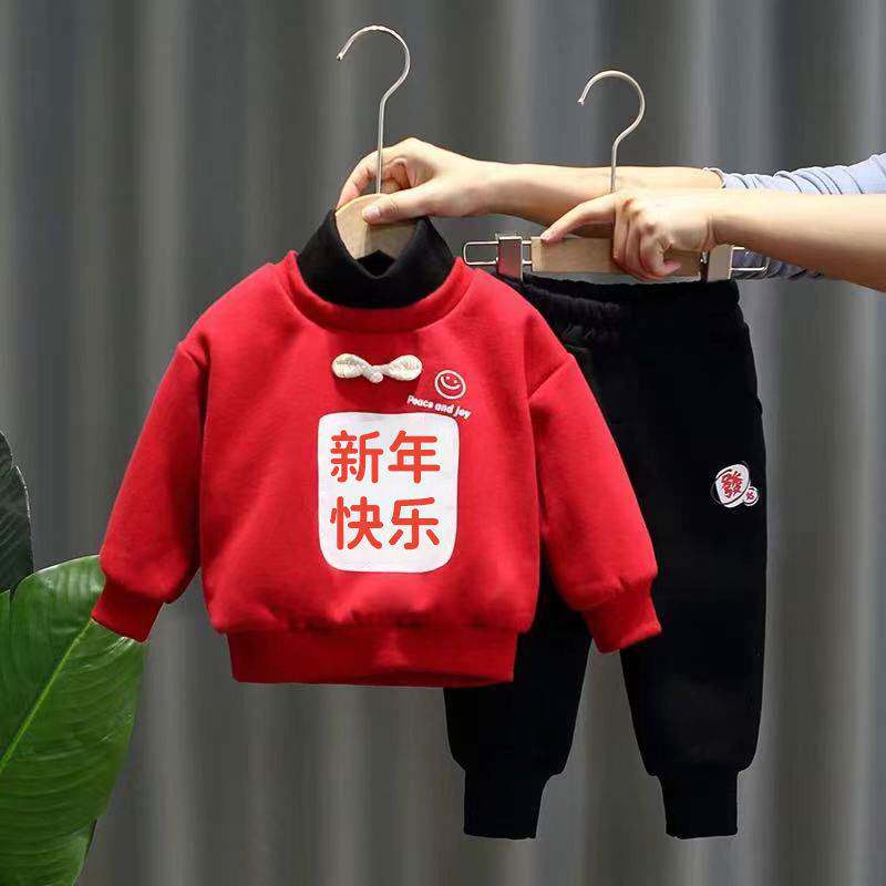 喜庆加绒卫衣时尚套装女童新年拜年服儿童周岁礼服宝宝男孩两件套