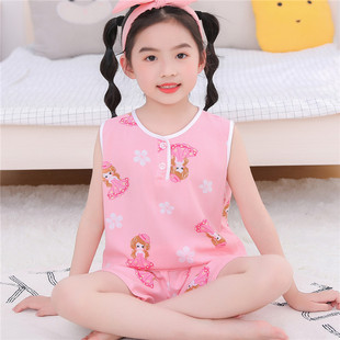 套装 儿童睡衣女童夏季 夏天男童背心短裤 卡通宝宝绵绸小孩短袖 薄款