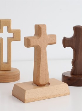 木质十字架摆件实木简约家居桌面摆台 榉木原木装饰木质工艺品