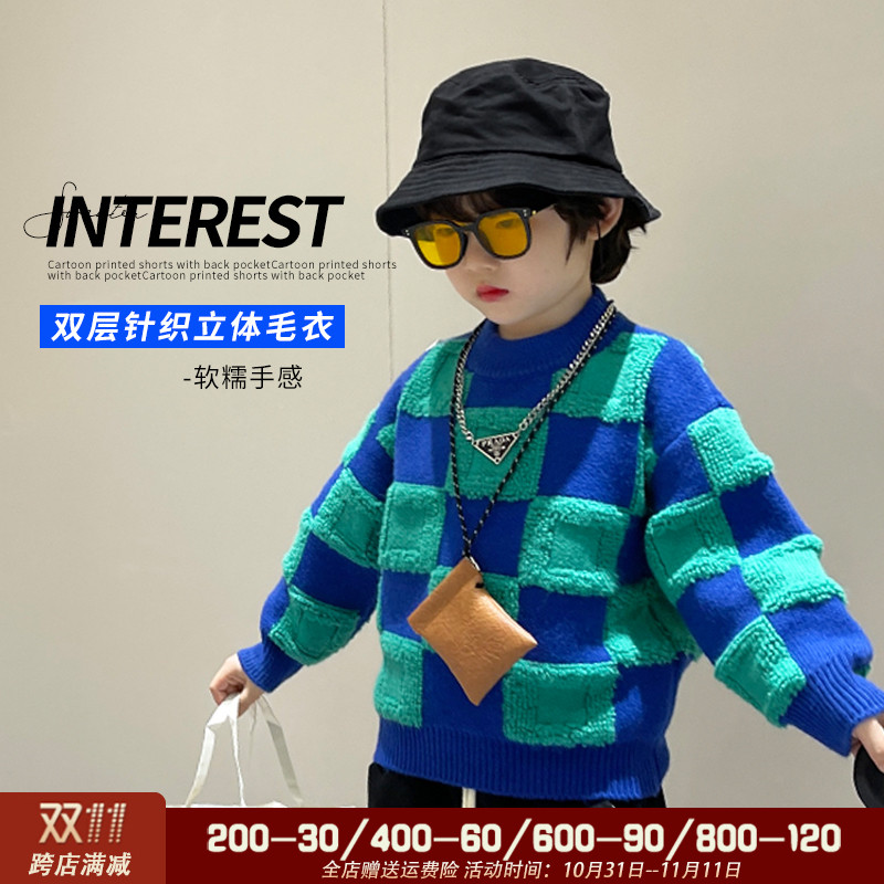 男童冬季加绒加厚毛线衣2023新款儿童洋派秋冬款宝宝保暖针织衫潮