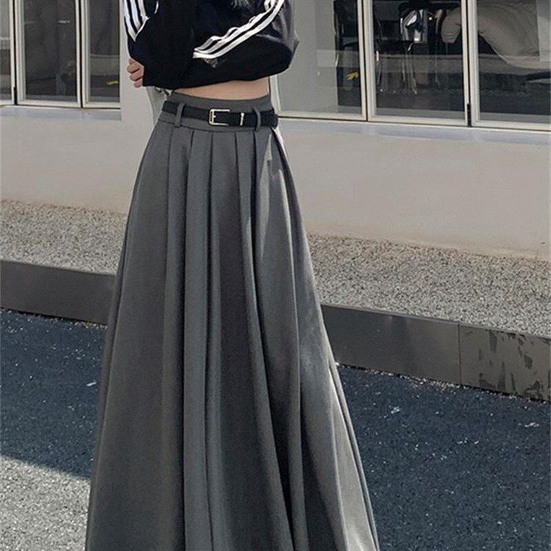 春秋梨型身材百褶半身裙女大码高腰显瘦a字裙设计感灰色西装长裙
