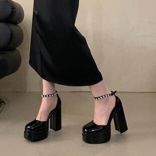 超高跟包头凉鞋粗跟一字带夏季防水台漆皮厚底婚鞋12CM走秀演出鞋