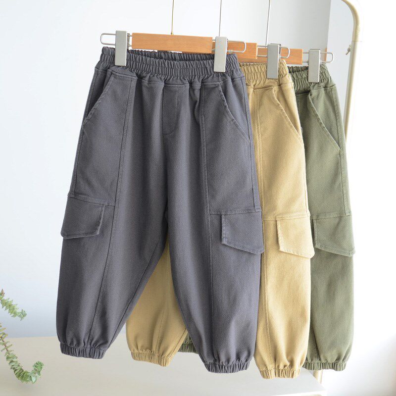 儿童工装裤 男童纯棉秋季长裤宽松休闲大口袋裤 宝宝束脚运动裤