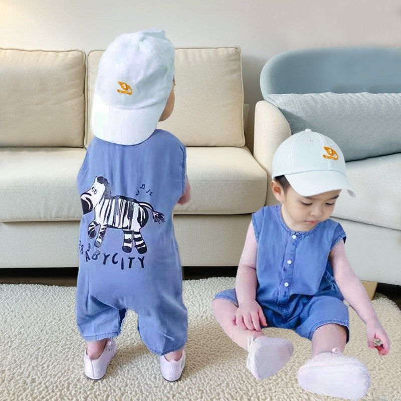 婴儿无袖连体衣夏季薄款牛仔背带裤爬服宝宝夏装衣服外穿短裤哈衣