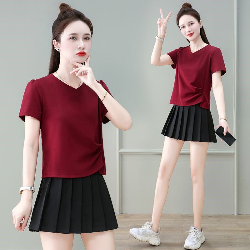 纯棉短袖t恤女小个子短款夏装2025年新款V领小衫不规则半袖薄上衣
