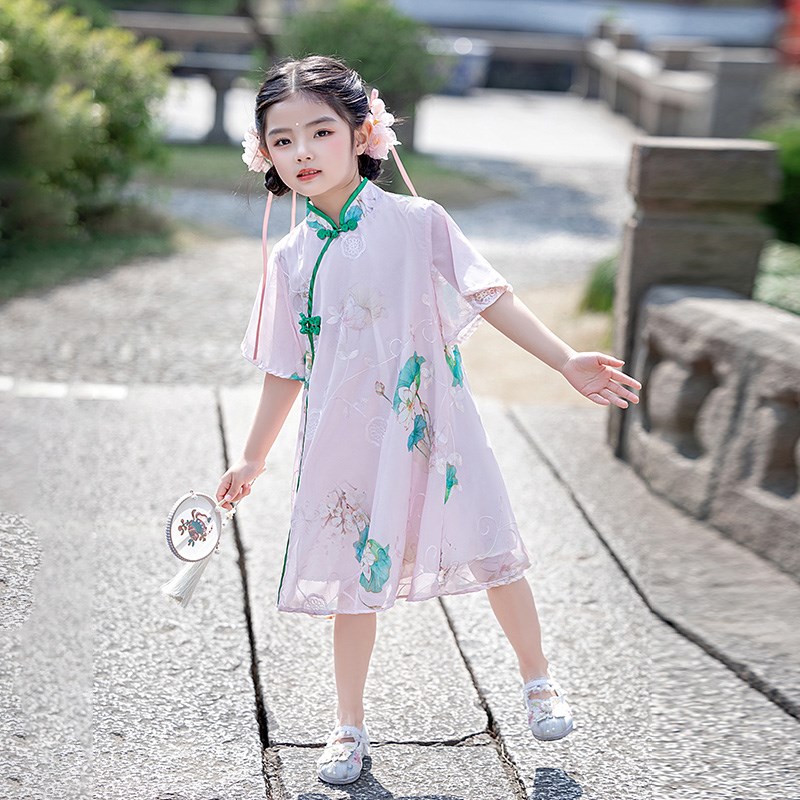 儿童旗袍女童中国风改良汉服女孩民国短裙子夏季薄款宝宝袖连衣裙