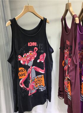 欧货重工印花背心女可爱减龄粉豹做旧破洞宽松中长版显瘦无袖上衣