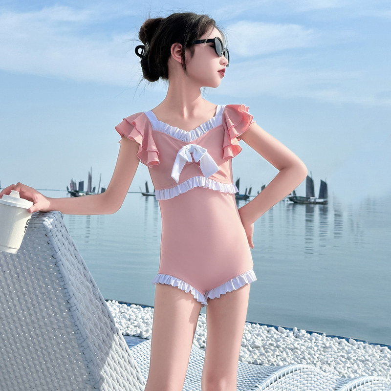 女童泳衣夏季2024新款儿童甜美连体游泳衣女大童夏装洋气花边泳装