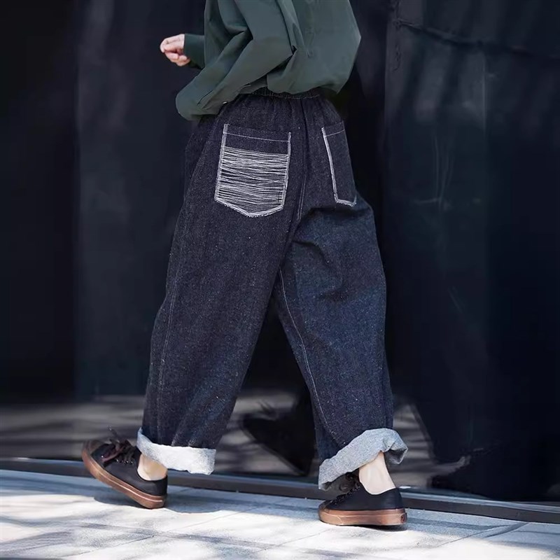 2024秋冬新款汉麻棉松紧腰经典女士休闲直筒厚款牛仔裤休闲裤长裤