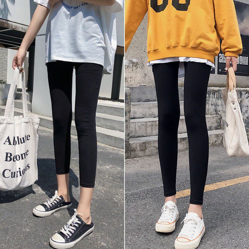 纯棉黑色八分打底裤子女外穿春季薄款百搭九分小脚运动紧身长裤秋