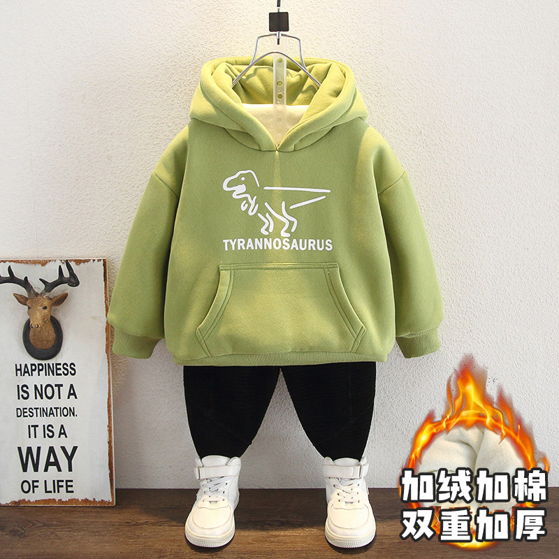 童装男童加绒卫衣连帽2023秋冬新款洋派宝宝保暖上衣加厚绒衫儿童