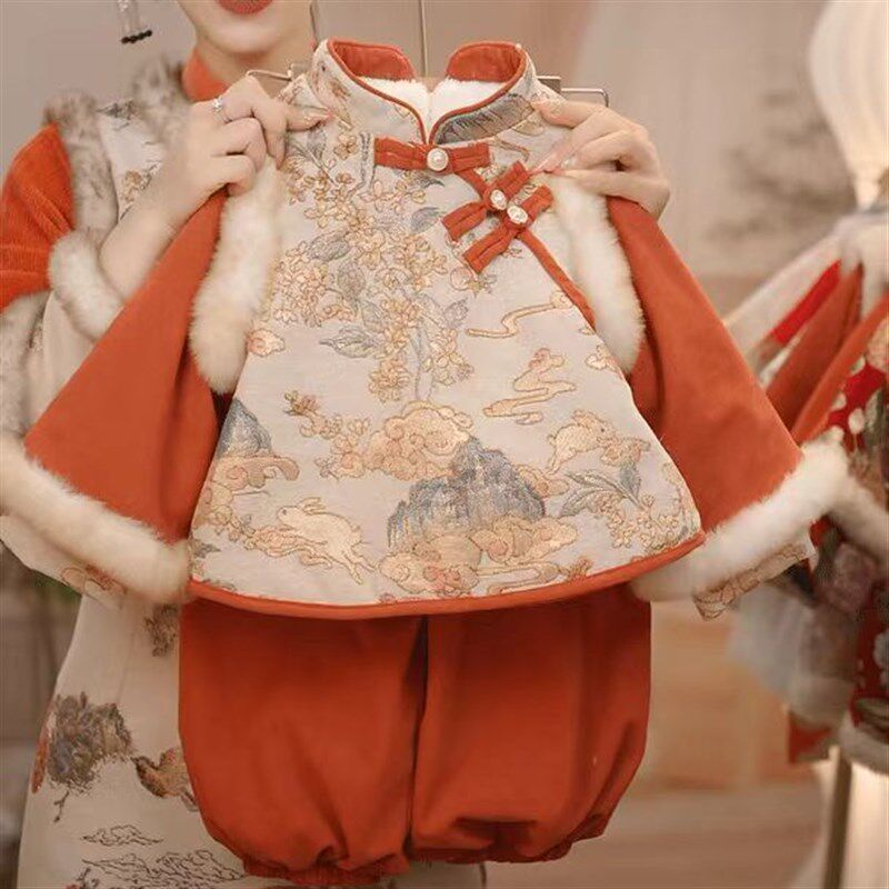 儿童冬季加绒加厚上衣裤子套装中国风拜年服儿童新中式唐装男女童