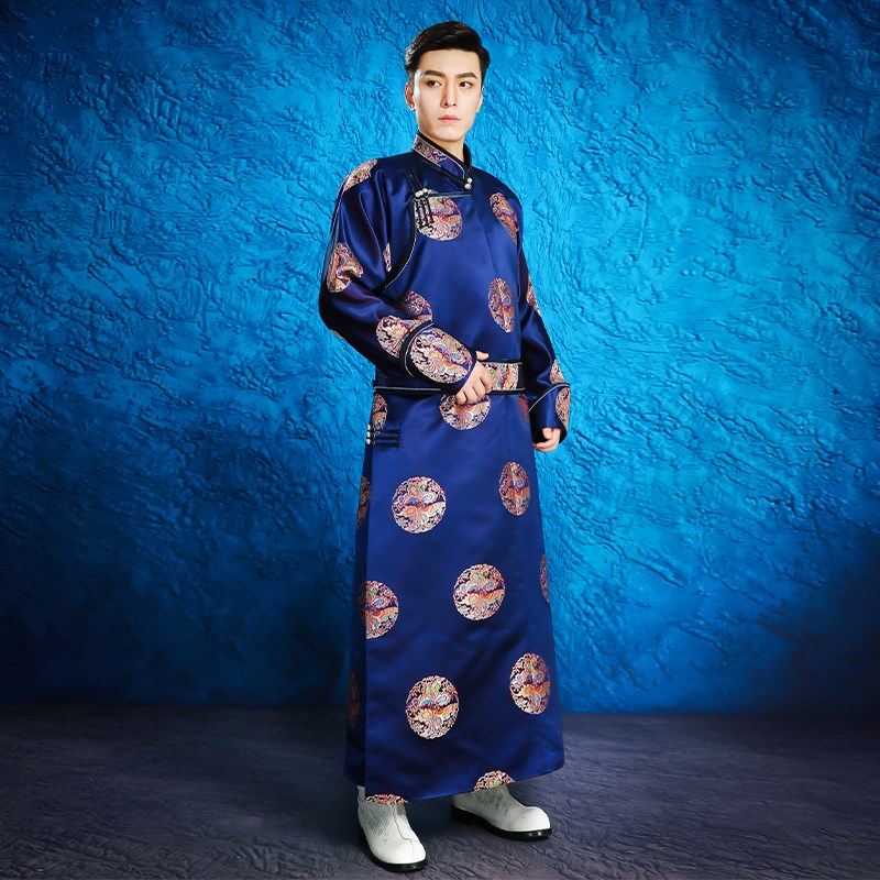 新款男士时尚情侣蒙古袍刺绣婚礼新郎舞蹈演出藏蓝色摄影蒙古服饰