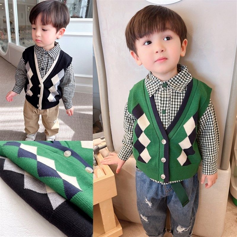 细线密织~软软糯糯男童针织马甲2022春季款中小童宝宝V领毛线背心