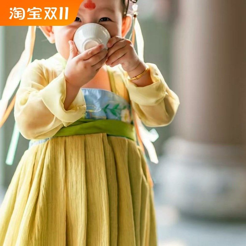 女童汉服连衣裙儿童周岁礼服宝宝唐代黄色中国风襦裙古装仙气软纱