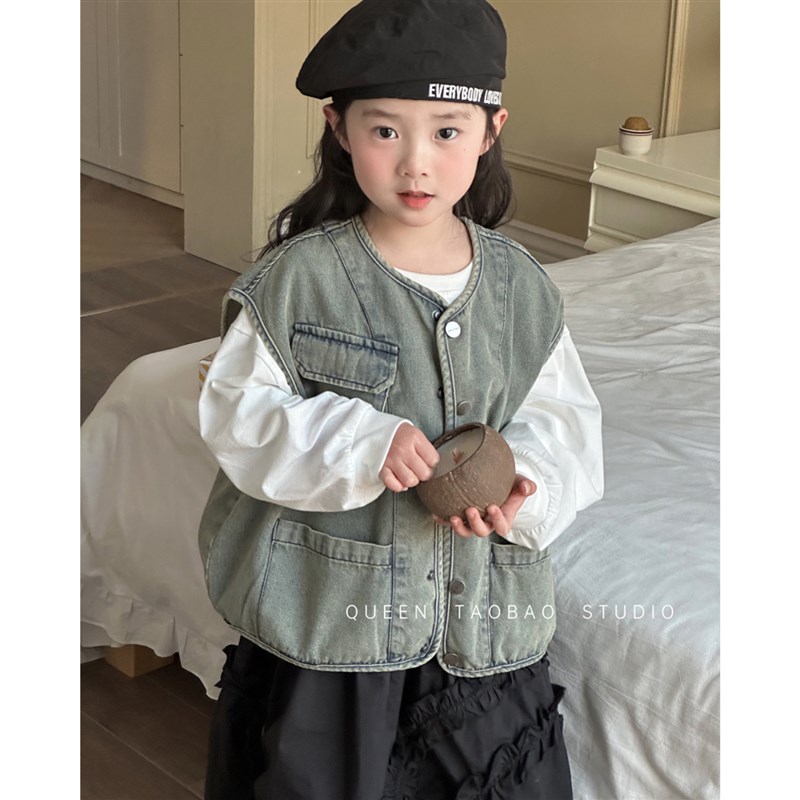 儿童上衣韩国女童复古牛仔马甲2025春秋新品宝宝洋气拼接背心坎肩