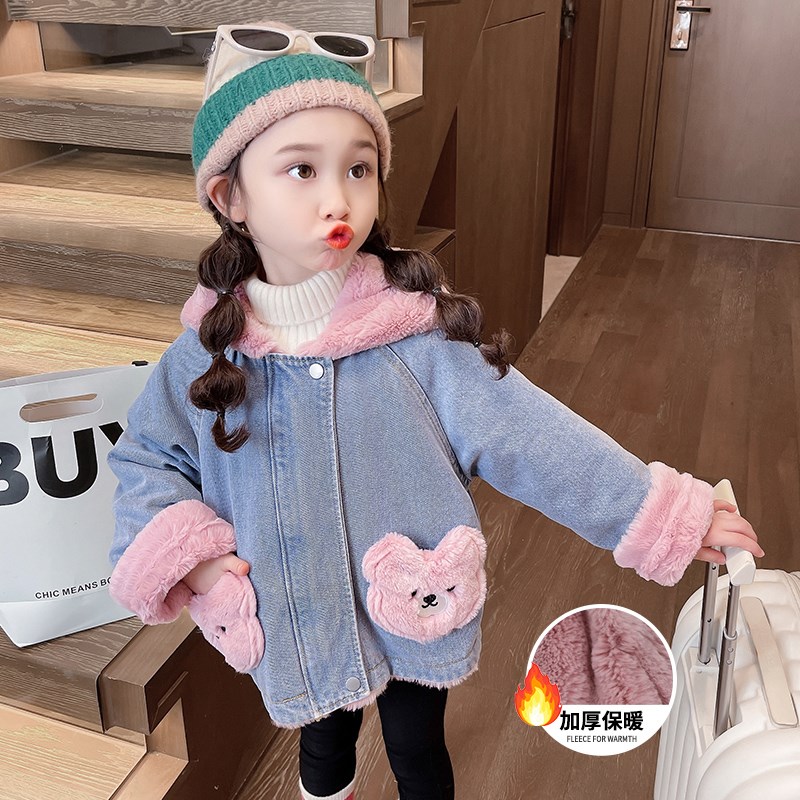 女童加绒牛仔外套秋冬款2024新款洋气女宝宝棉服儿童冬装保暖上衣