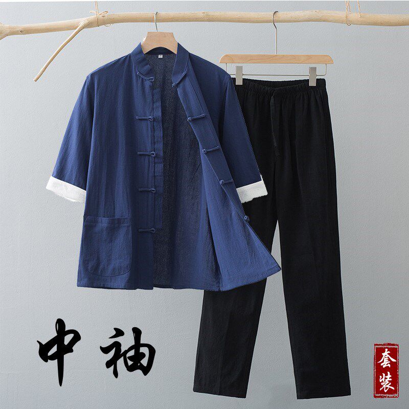 中式七分袖套装唐装男半袖衬衫裤子中国风盘扣立领夏季套装茶服男