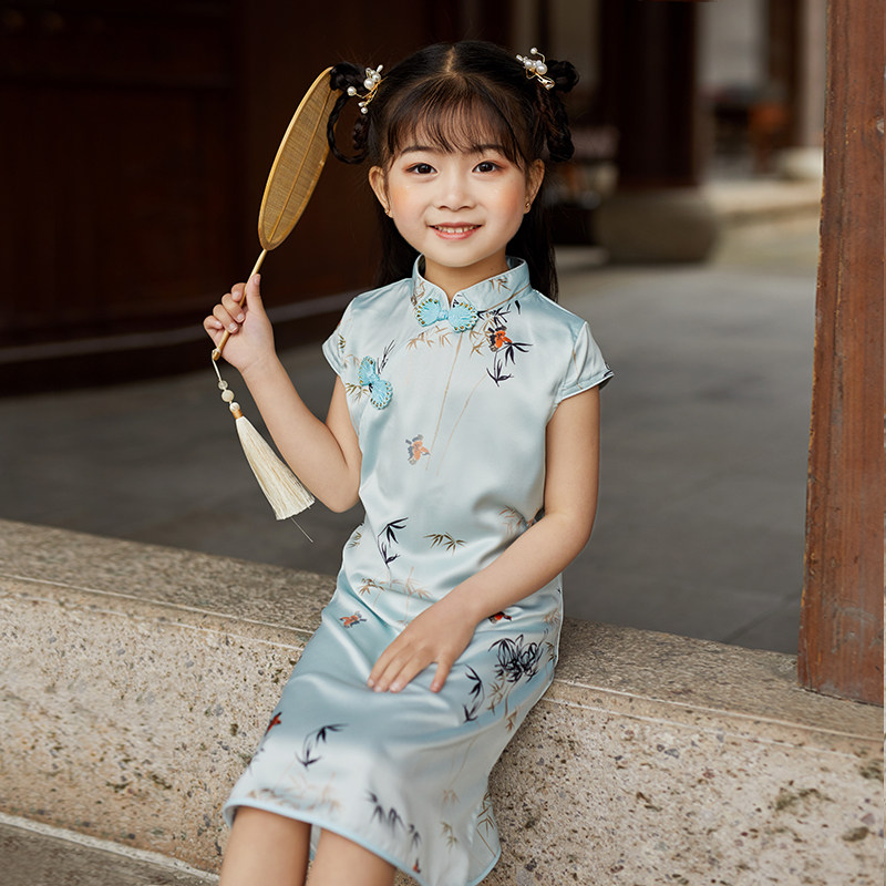 女童旗袍春夏季复古连衣裙2023新款儿童唐装中国风女孩丝绸裙子