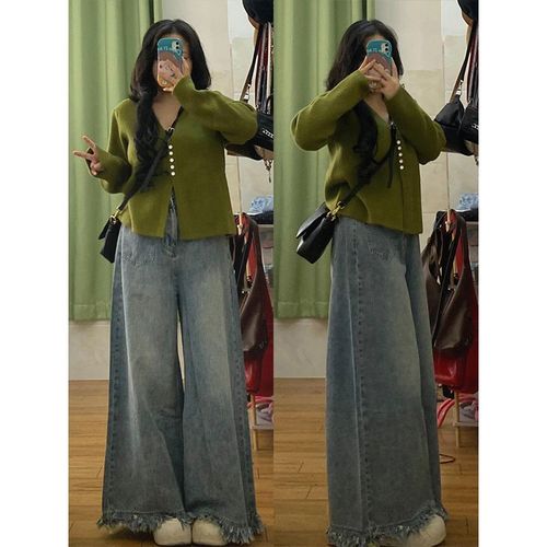 300斤大码胖mm浅色设计感牛仔裤秋季流苏裤子女宽松显瘦阔腿裤子