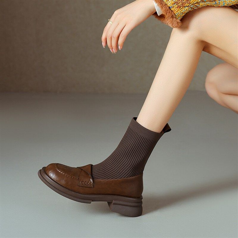 25巨好穿真皮圆头针织弹力袜靴女休闲百搭粗跟厚底棕色套筒短靴女