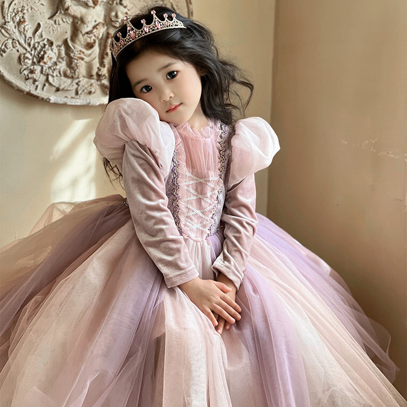 发光裙女童乐佩长发公主裙秋冬儿童套装洋装生日礼服蓬蓬裙加绒厚