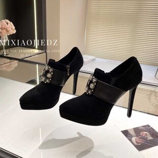 鞋子新款2024爆款女配裙子高跟鞋秋冬小个子防水台粗跟深口单鞋