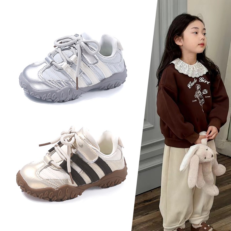 女童鞋子儿童银色德训鞋秋季新款宝宝板鞋男大童银色运动鞋板鞋潮