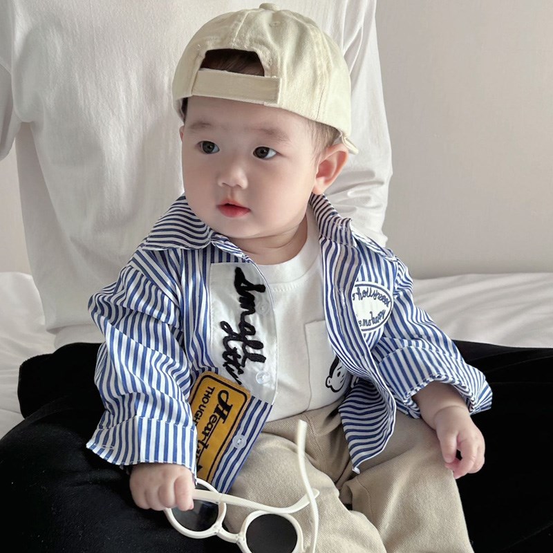 男宝宝秋季衣服婴幼儿秋装帅气条纹上衣外套儿童百天周岁翻领衬衫