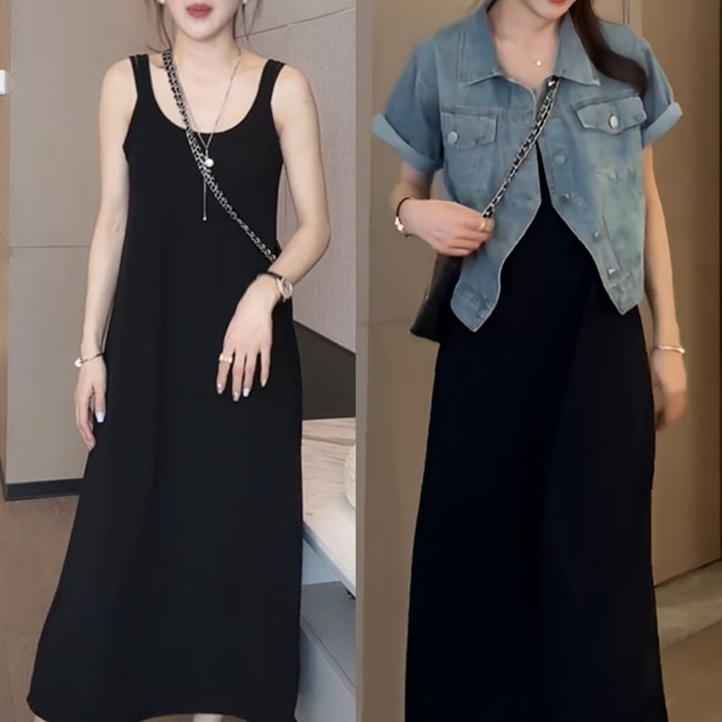 法式高级黑色背心长裙子夏季休闲减龄修身显瘦打底吊带连衣裙棉女