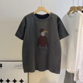 新品 磨毛鸭子卡通印花短袖 T恤女潮韩版 春装 复古宽松内搭半袖 上衣