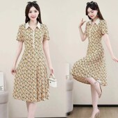 碎花短袖 翻领过膝连衣裙2024新款 秋装 中年妈妈夏季 收腰A字版 裙子