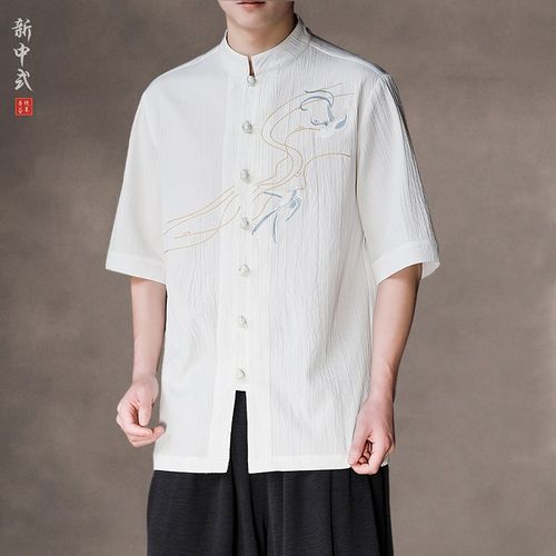 新中式薄款休闲唐装男短袖衬衫中国风复古盘扣中山装刺绣半袖上衣