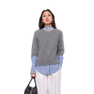 林乔芝2024年秋季新款宽松中袖羊毛针织衫高级感灰色针织毛衣女