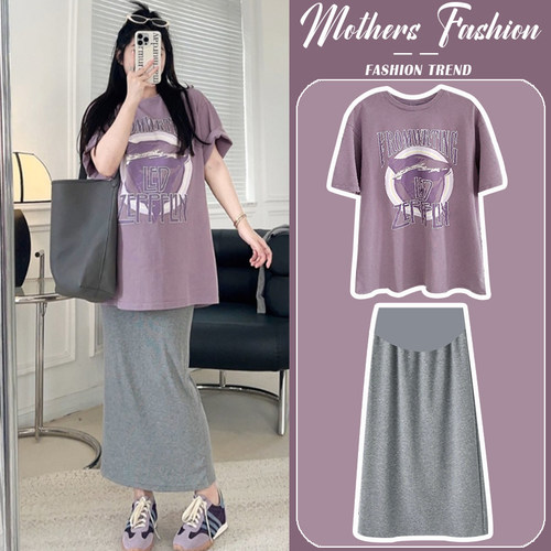 孕妇套装2025新款夏季宽松减龄紫色圆领短袖薄款上衣半身裙两件套