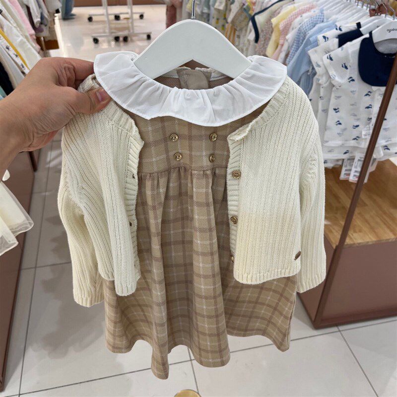 韩国童装 24秋新款女童宝假两件格子连衣裙纯棉针织开衫两件套装