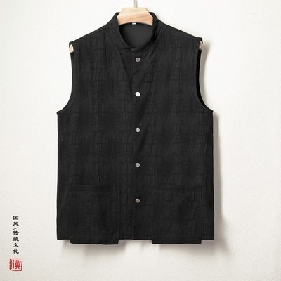 中国风男装立领棉麻马甲中式复古提花坎肩青年大码外套秋冬款马褂