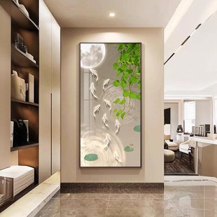 锦鲤聚福玄关装 绿植壁画客厅走廊过道挂画九鱼图 饰画高档大气竖版