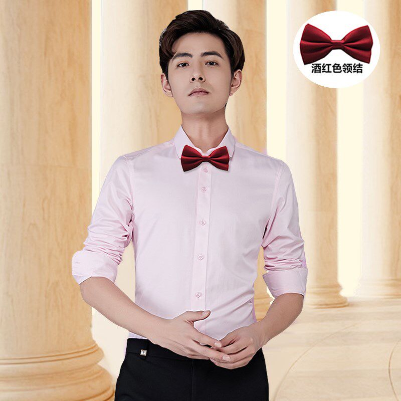 结婚淡粉色衬衫男长袖商务正装领结防水防污免烫村杉新郎伴郎衬衣