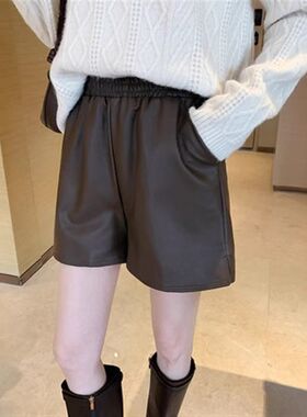 高腰皮短裤女秋冬季宽松休闲显瘦百搭阔腿松紧腰外穿a字pu皮裤女