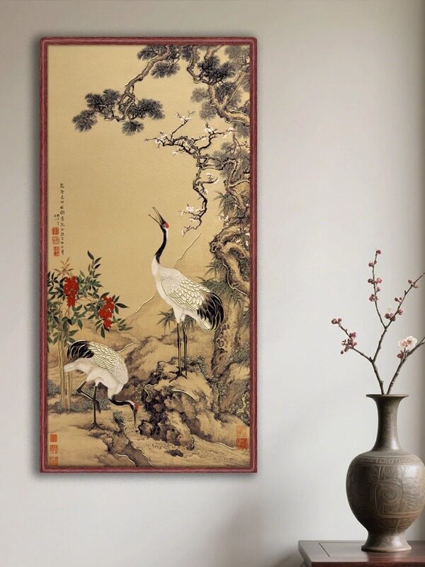 铜雕画松梅双鹤图客厅背景墙玄关花鸟装饰挂画实木框画高端礼品