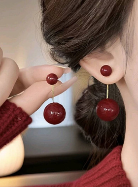 2025新款红色珍珠耳环复古简约时尚流苏耳钉高级感银针耳饰女人味