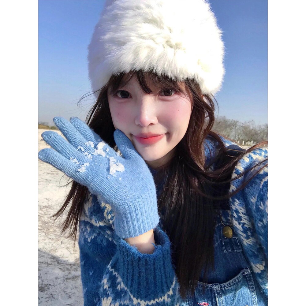 蓝色针织毛线手套女冬季2026新款韩系纯色可触屏加厚保暖骑行手套